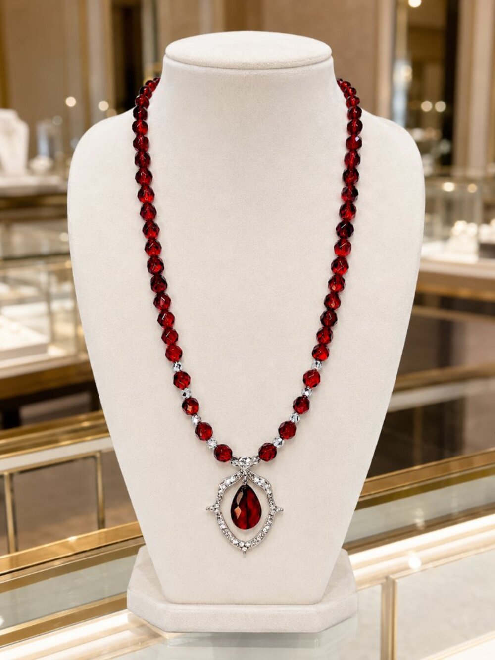Ruby-Red Faceted Glass Bead Statement Pendant Necklace